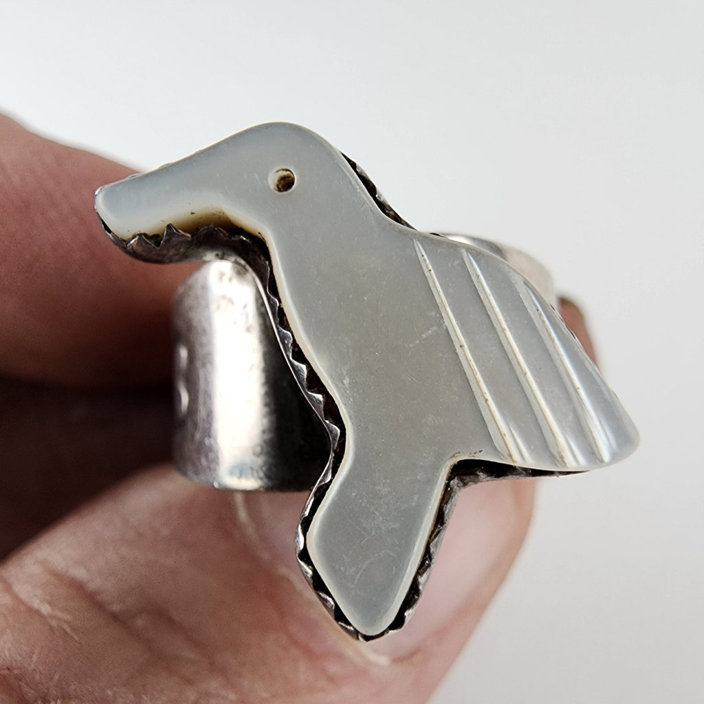 Native Mother of Pearl Bird Fetish Ring Size 9 1/2 Sterling Silver 925 Vintage
