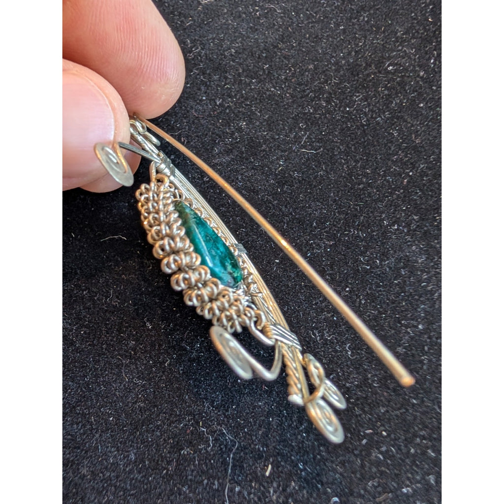 Vintage Turquoise Sterling Silver 925 Wire Wrap Handmade Brooch Pin