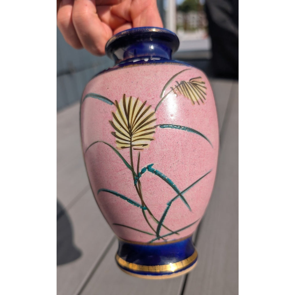 SATSUMA Geisha Vase Hand Painted Gilded Porcelain Cobalt Blue