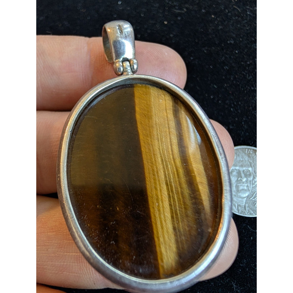 Oval TIGERS EYE Sterling Silver 925 Large Pendant