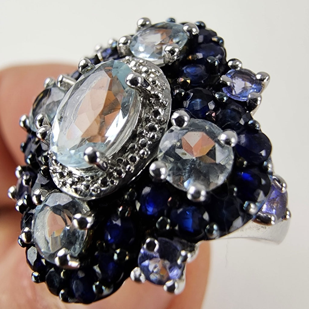 Blue & White Sapphire Cluster Halo Ring Size 5 Sterling Silver 925 Vintage