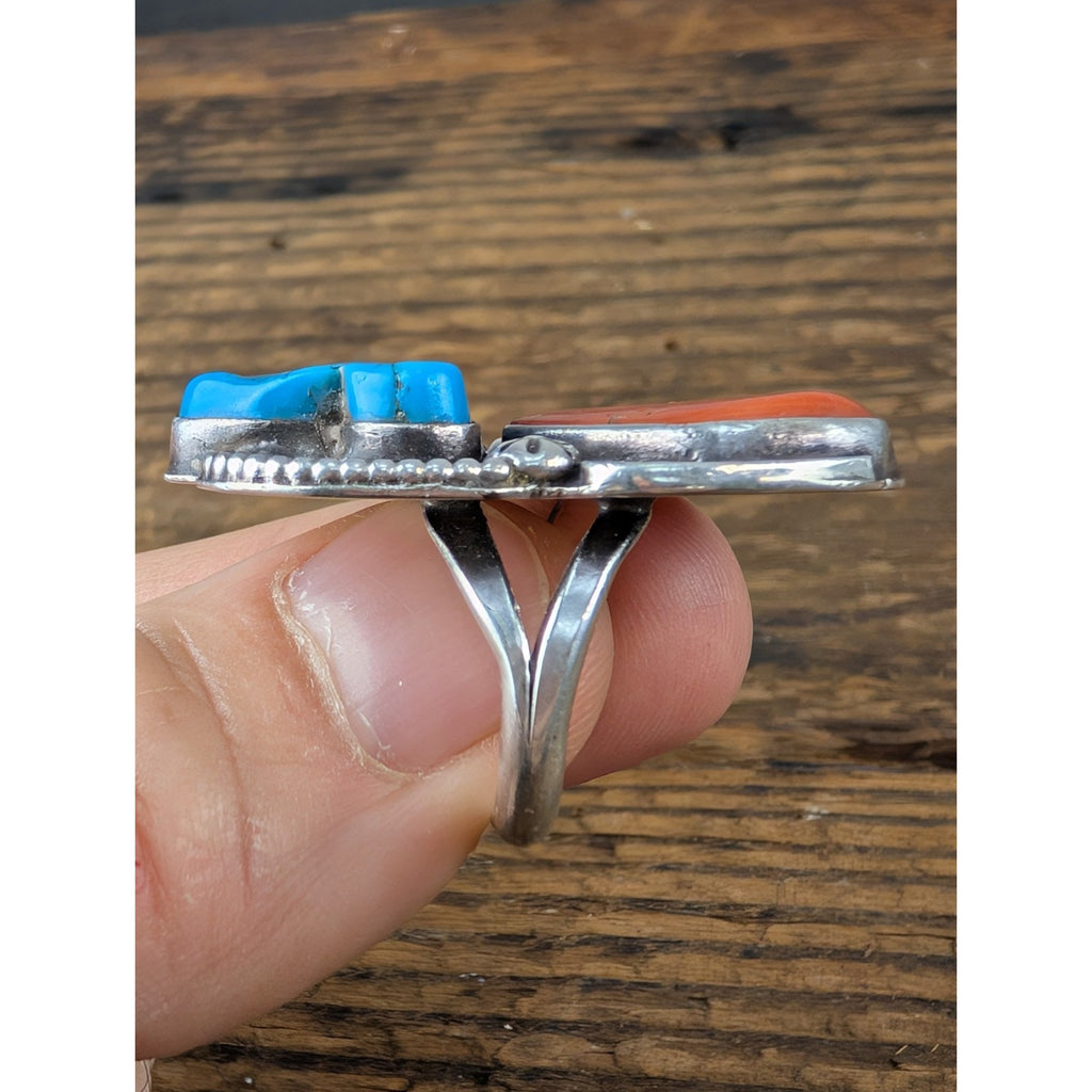 Old Pawn CORAL and TURQUOISE Sterling Silver 925 Ring Size 7