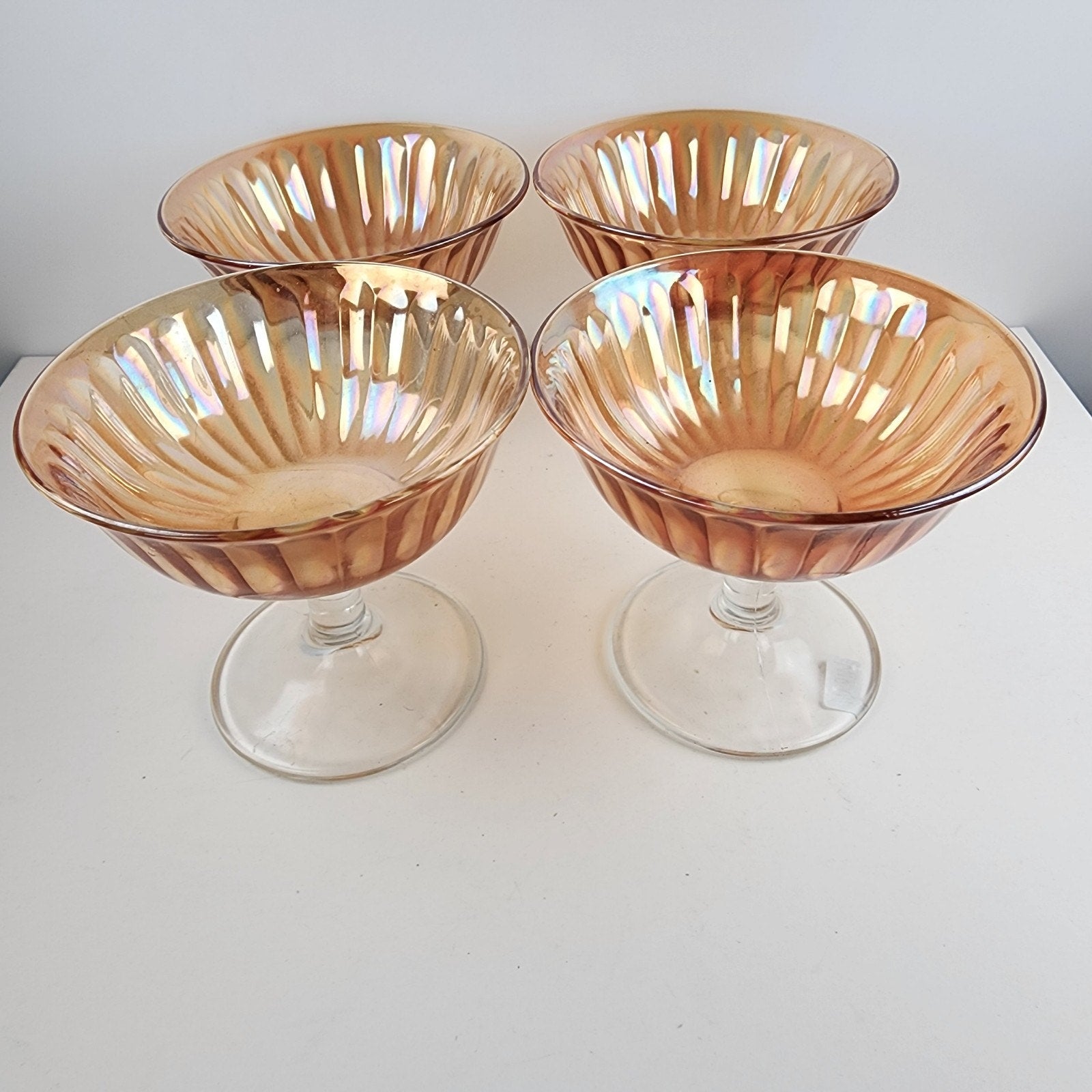 4" Marigold Carnival Glass Stemmed Ice Cream Sherbet Dessert Dish Set of 4