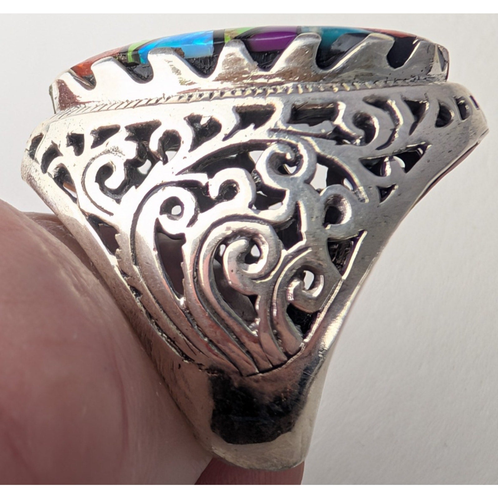 Multistone Turquoise Inlay Sterling Silver 925 Ring Size 9