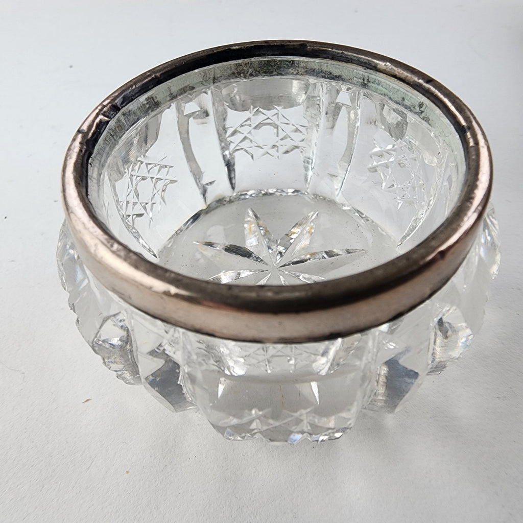 Cut Glass Salt Cellar Sterling Silver 925 Rim Marked 1914 London Antique