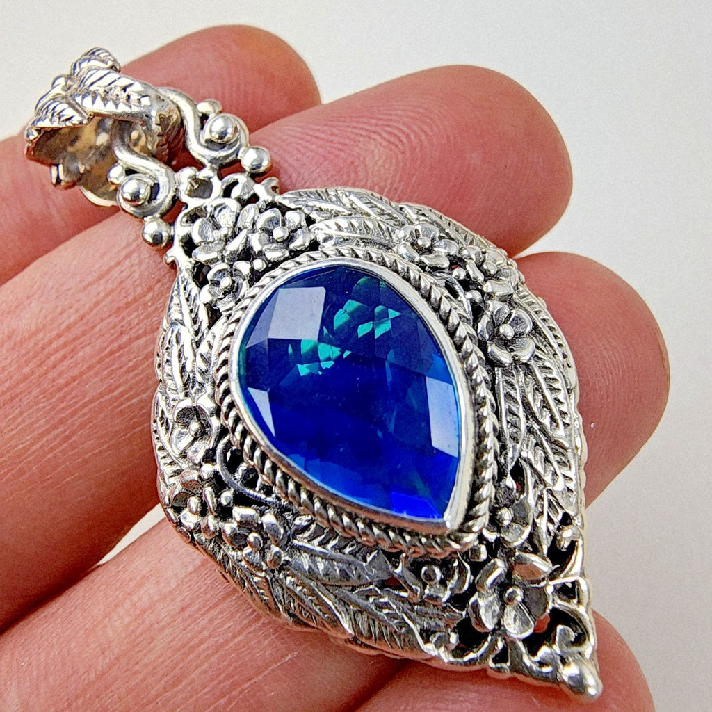 Sarda Caribbean Quartz Pariba Blue Pendant Sterling Silver 925 Vintage Bali