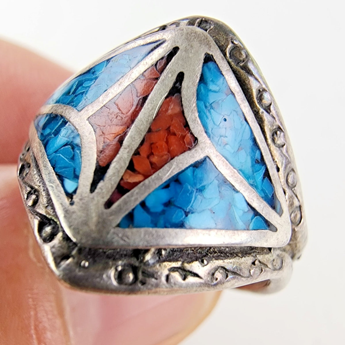 Coral & Turquoise Stamped Native Ring Size 11 1/4 Sterling Silver 925 Vintage