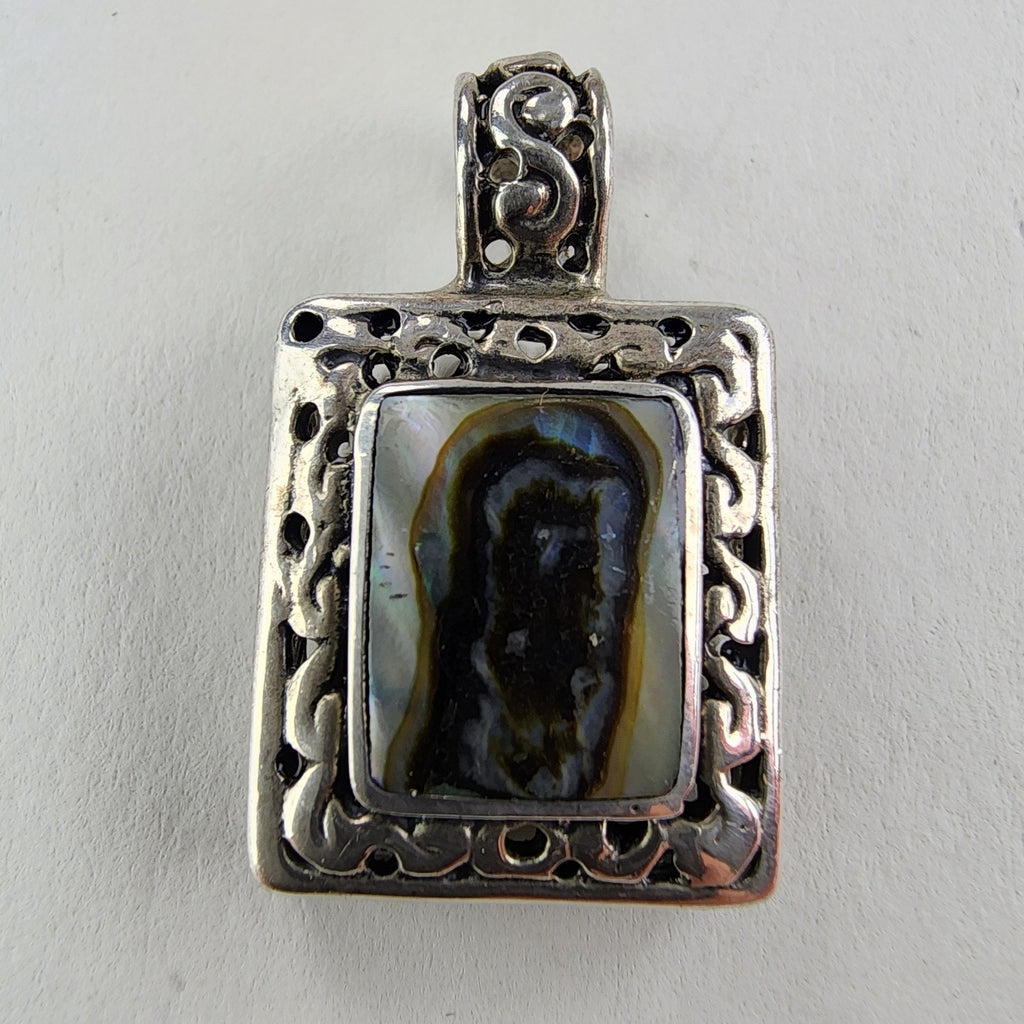 Mexico Abalone Inlay Squre Pendant Sterling Silver 925 Vintage