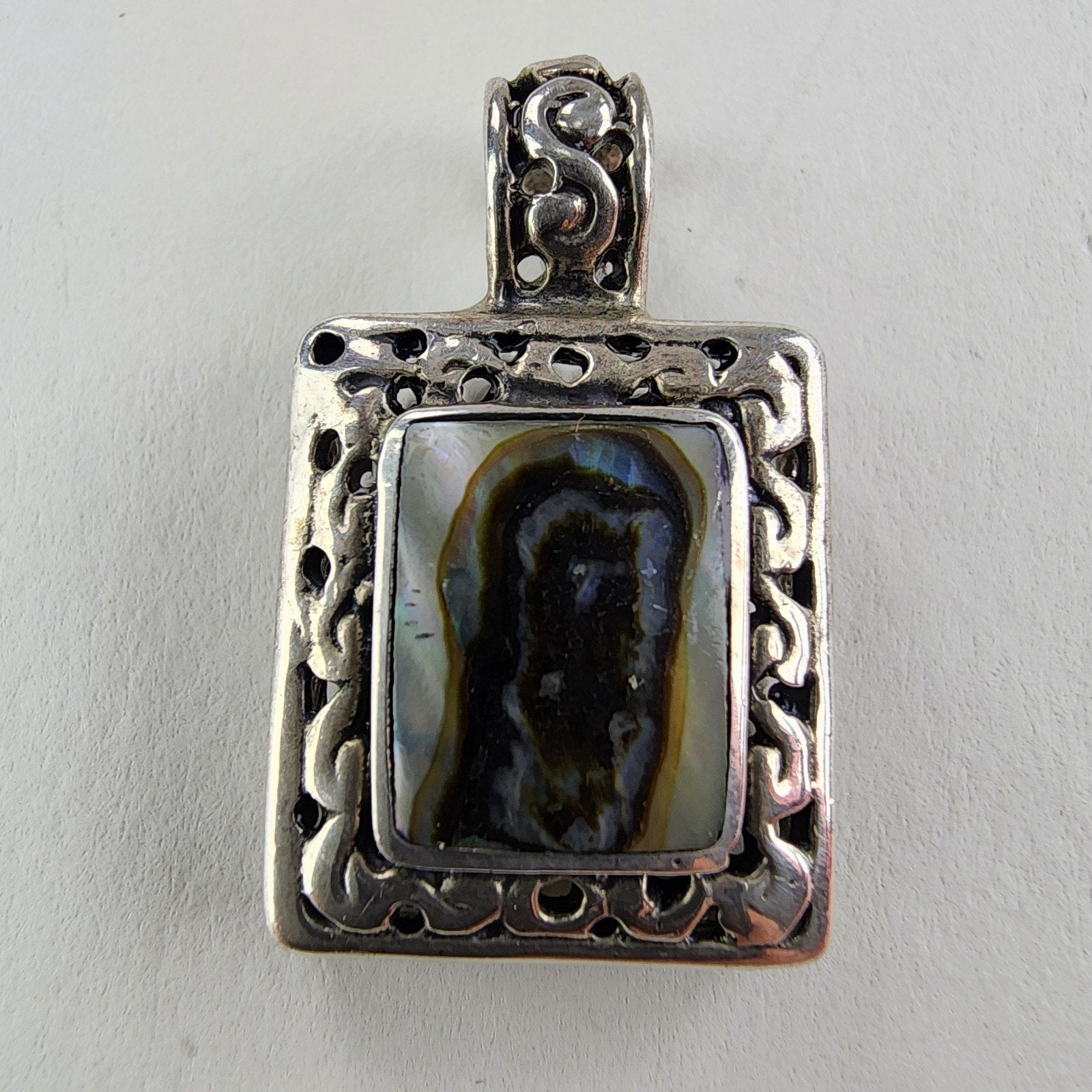 Mexico Abalone Inlay Squre Pendant Sterling Silver 925 Vintage