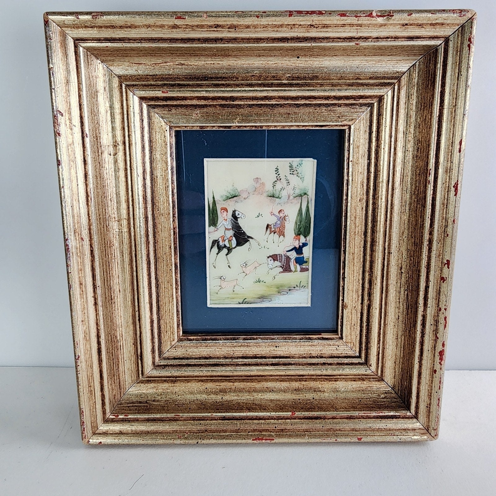 Miniature Persian Painting of The Hunt on Celluloid Framed MCM