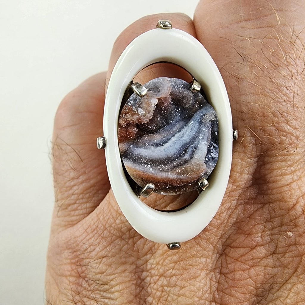 Modernist Jadeite Banded Halo Druzy Ring Size 11 1/2 Sterling Silver 925 Vintage