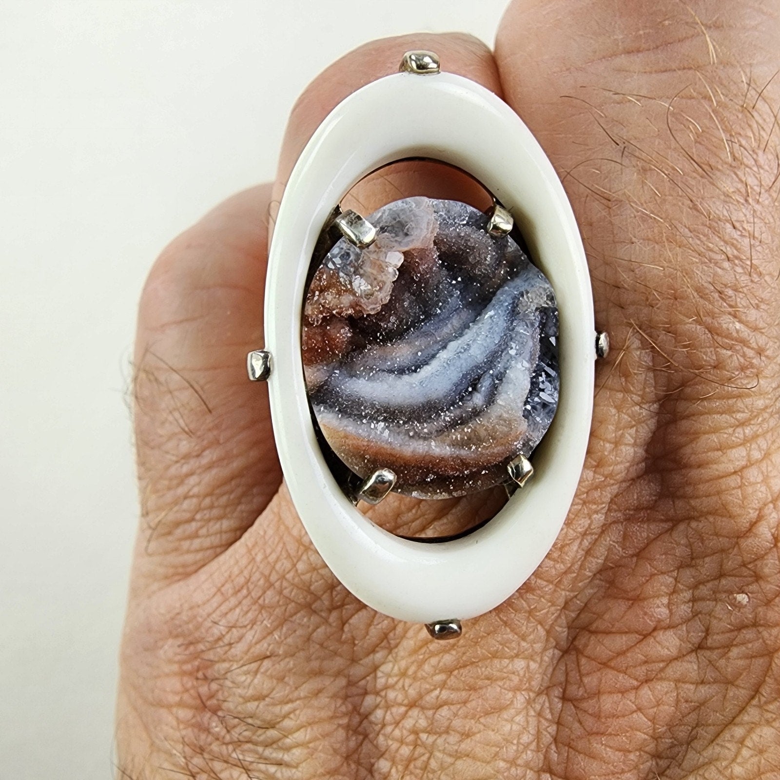 Modernist Jadeite Banded Halo Druzy Ring Size 11 1/2 Sterling Silver 925 Vintage
