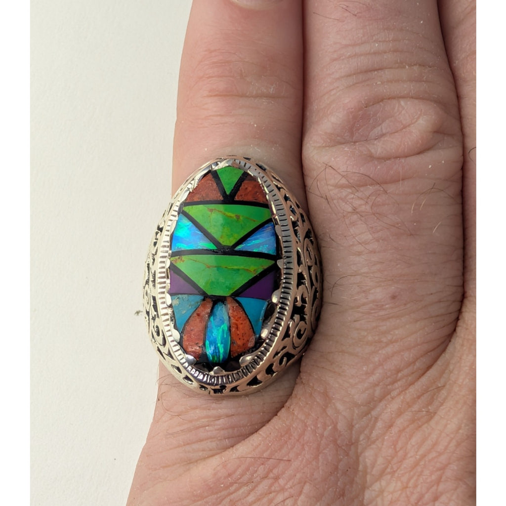 Multistone Turquoise Inlay Sterling Silver 925 Ring Size 9
