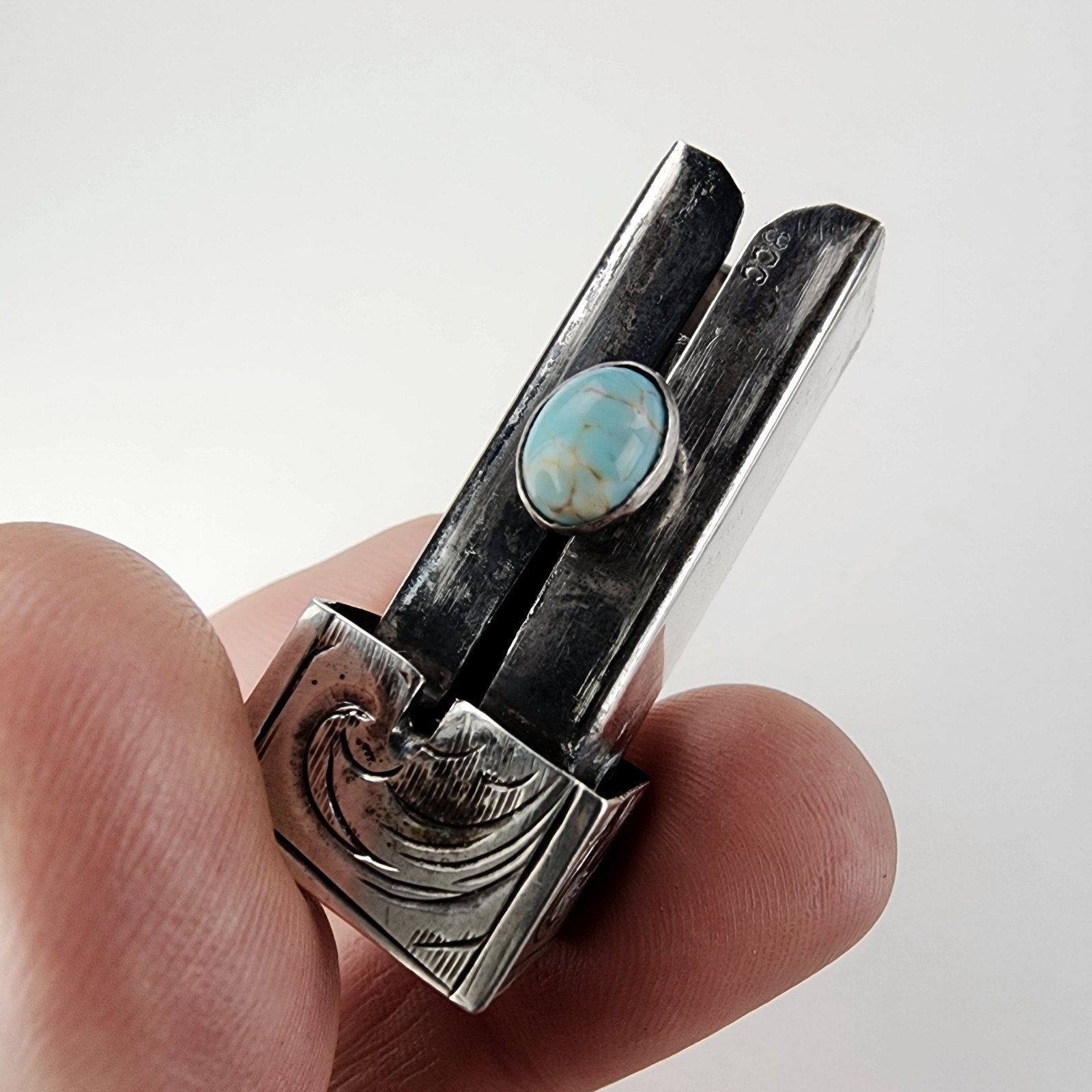 Etched Turquoise Accentt 800 Silver Lipstick Container with Mirror Italy Antique