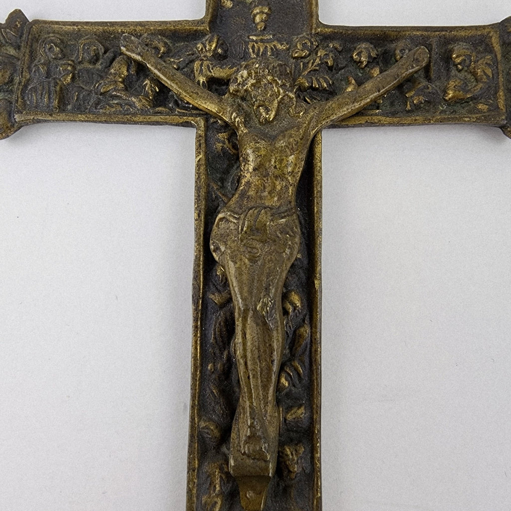 19th C European Baroque Bronze Crucifix Antique Relief Cross 7 1/2"