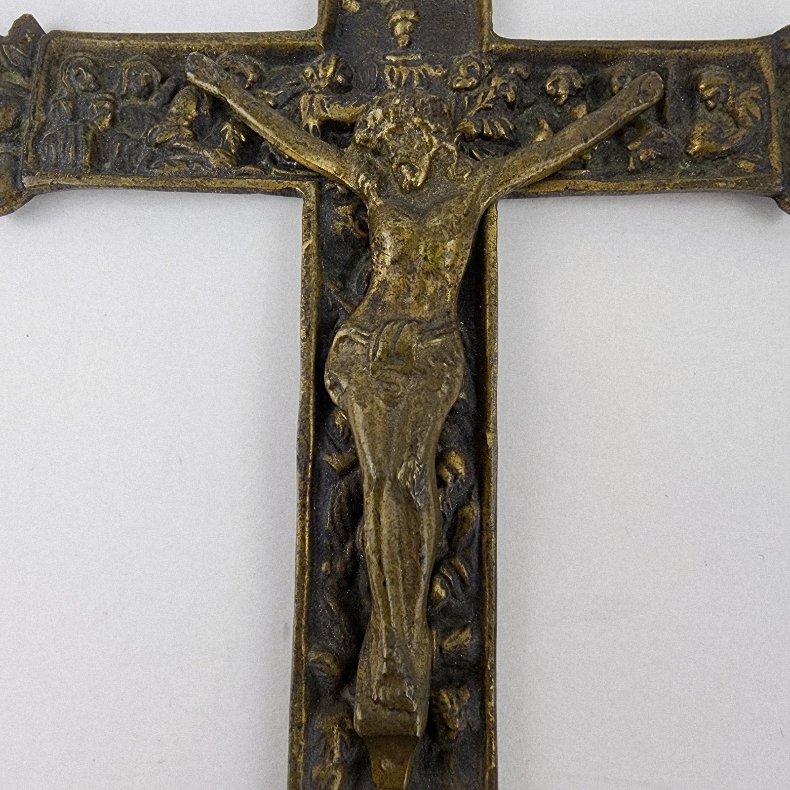 19th C European Baroque Bronze Crucifix Antique Relief Cross 7 1/2"