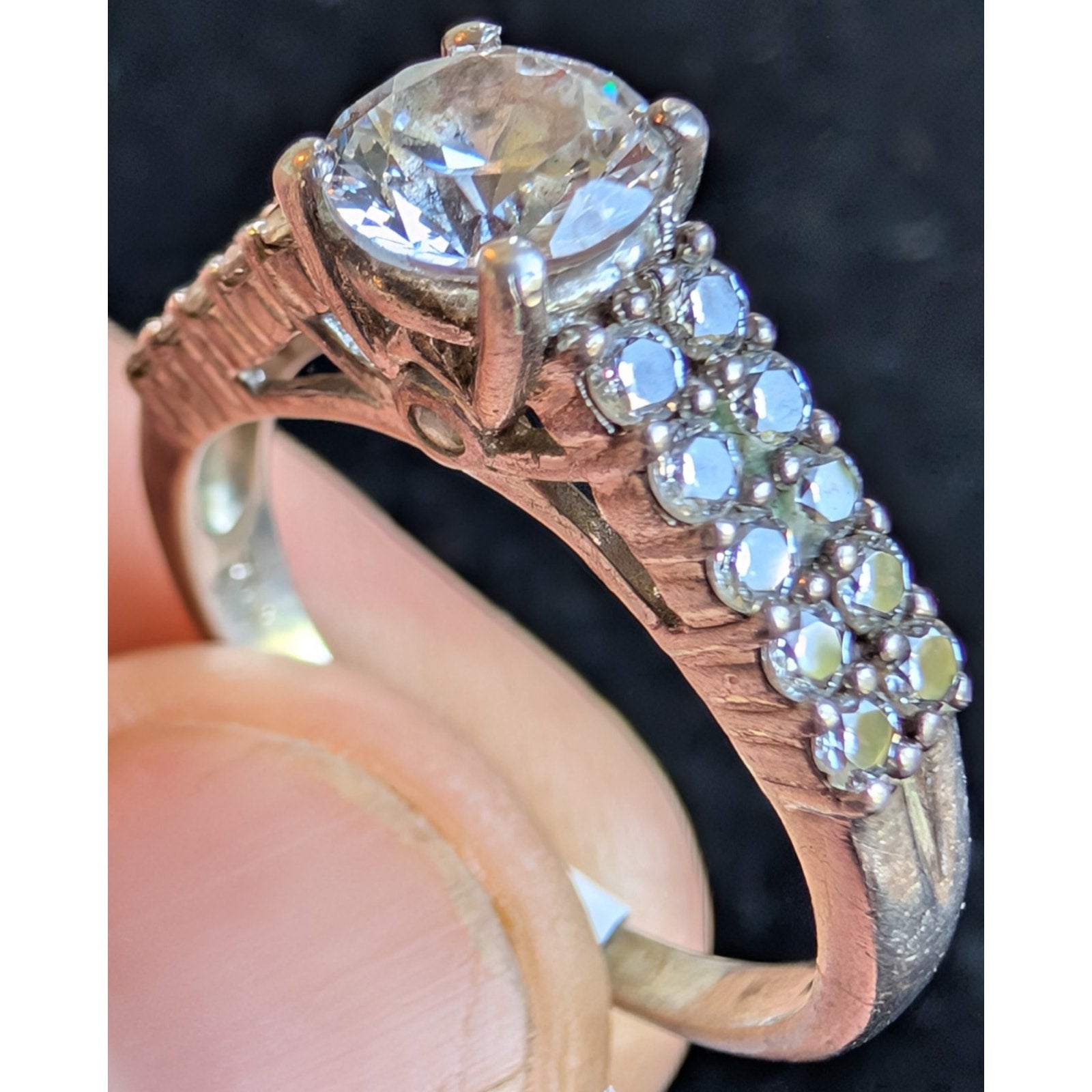 Vintage Double Row CZ Sterling Silver 925 Ring - Size 8 3/4