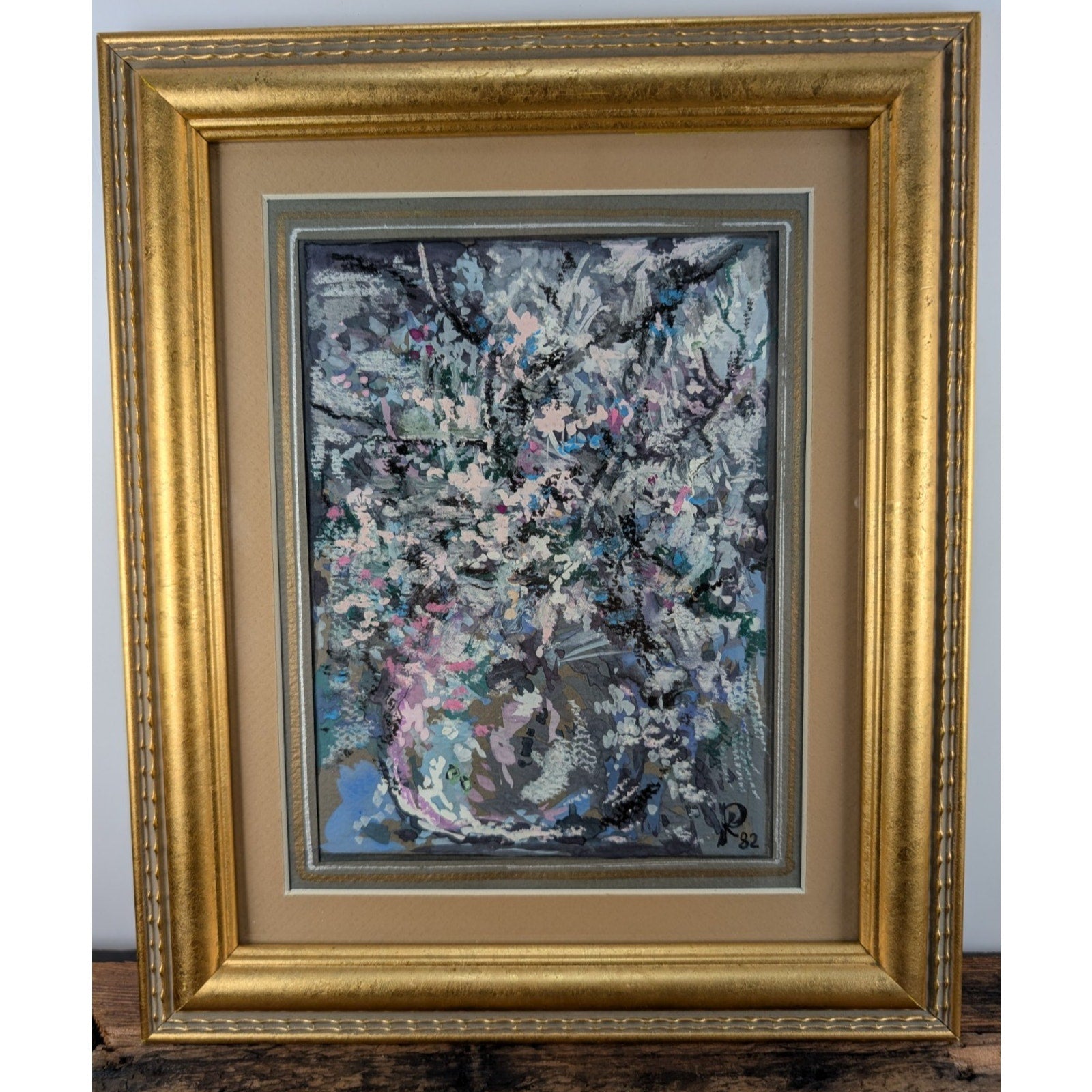 Impressionist Abstract Acrylic on Paper Flower Signed in Gilded Frame 1982