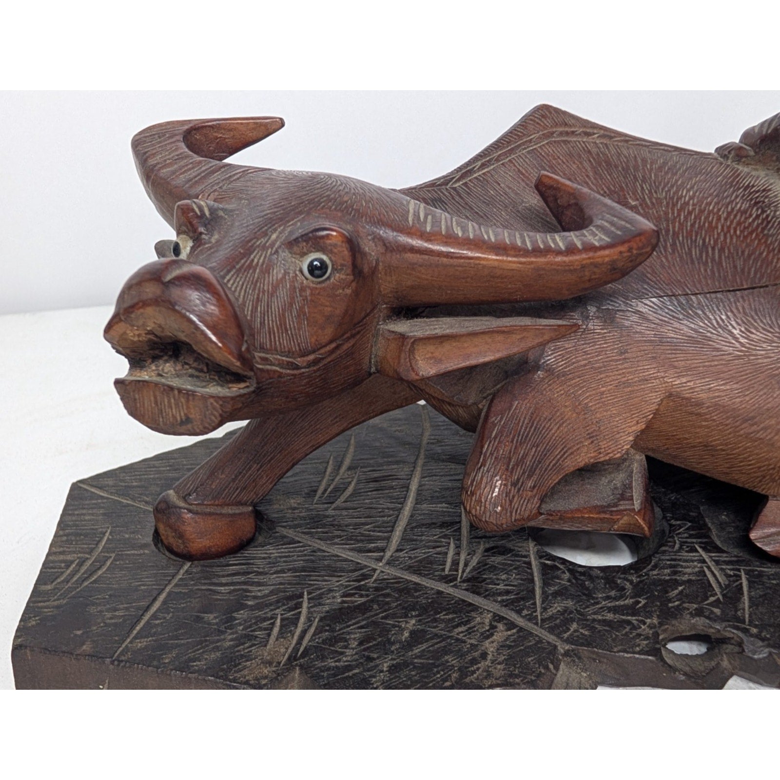 Chinese Water Buffalo Hand Carved Statue w/ Stand Antique Republic Period
