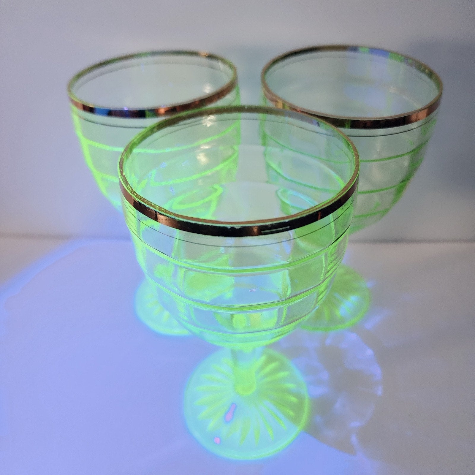 Anchor Hocking Block Optic Pattern 6" Gold Rimmed UV Uranium Wine Glass Set of 3