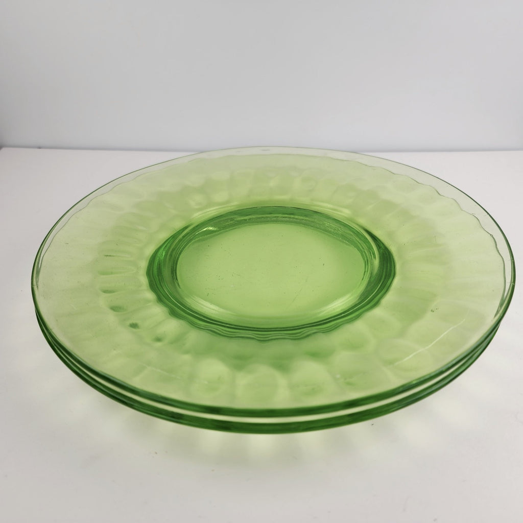 8" Green Depression Glass Scalloped Pattern Plates with Faint UV Glow Set of 2