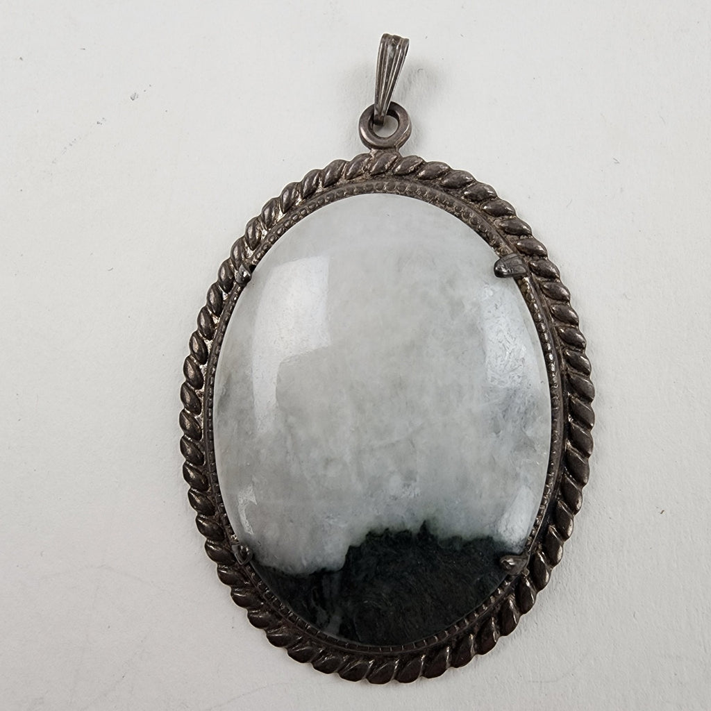 Oval Green Agate Sterling Silver 925 Pendant Vintage