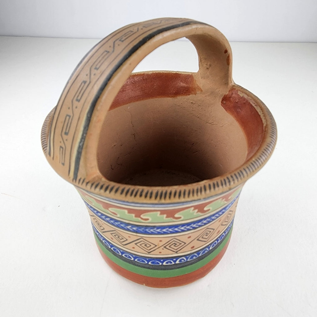 1930's Ladislao Ortega Polychrome Handled Basket Clay Painted Mexican Pottery