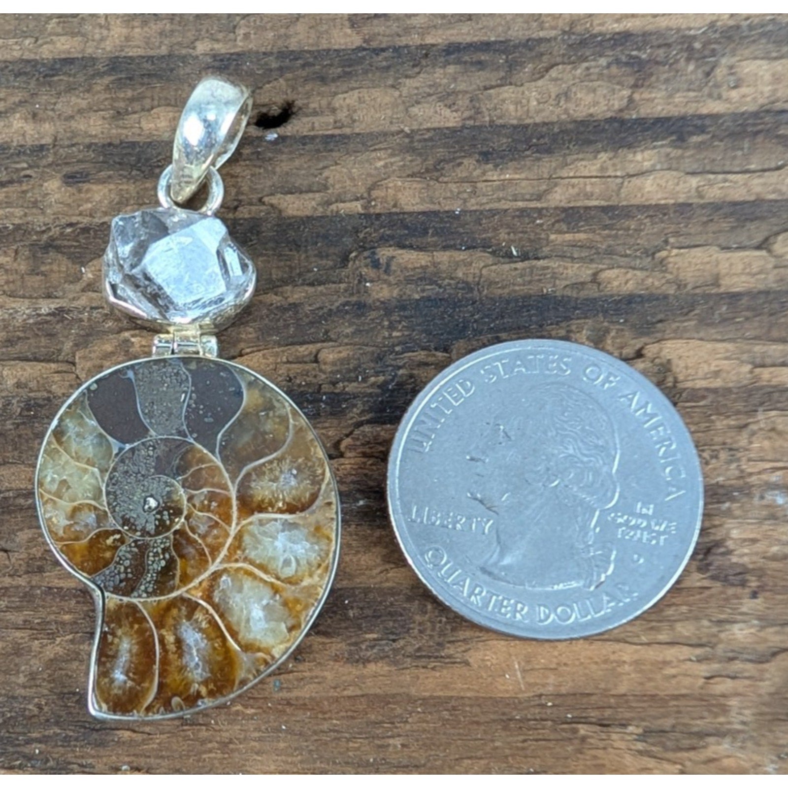Vintage Ammonite & Raw Quartz Sterling Silver 925 Pendant