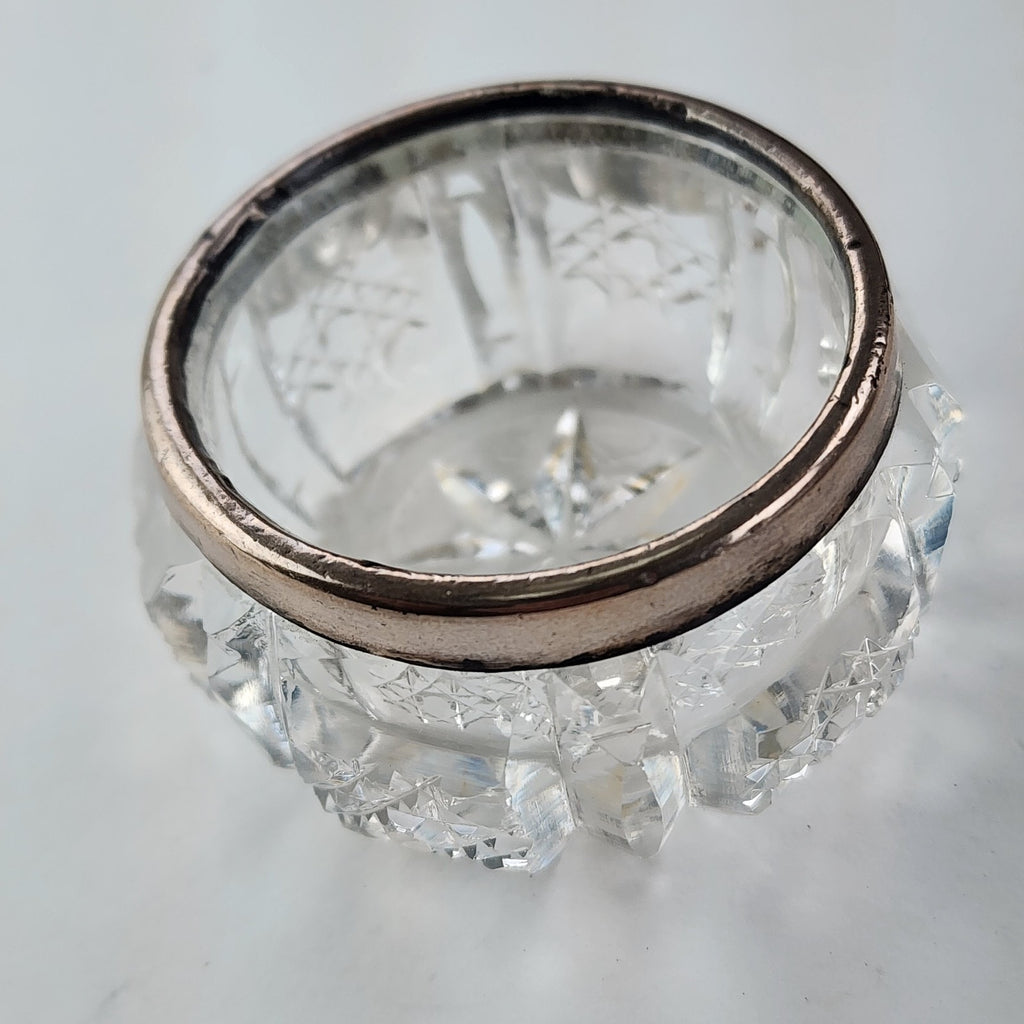 Cut Glass Salt Cellar Sterling Silver 925 Rim Marked 1914 London Antique