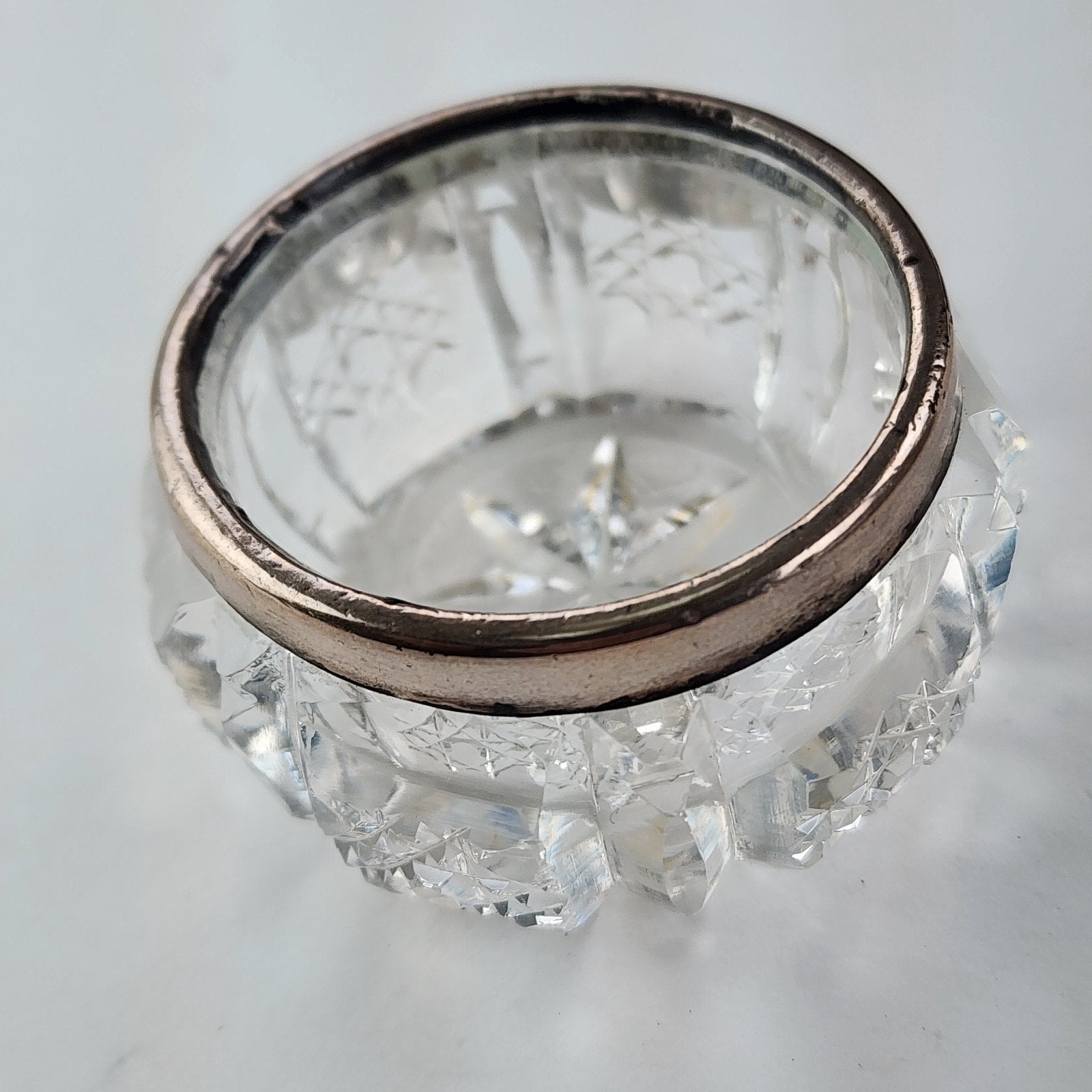 Cut Glass Salt Cellar Sterling Silver 925 Rim Marked 1914 London Antique