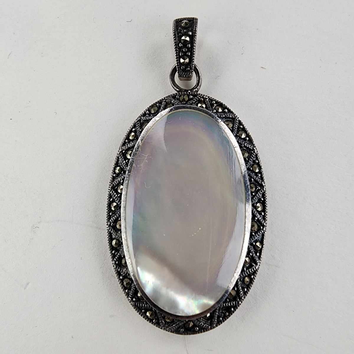 Vintage Mother of Pearl & Marcasite Pendant & Earring Set in Sterling Silver 925