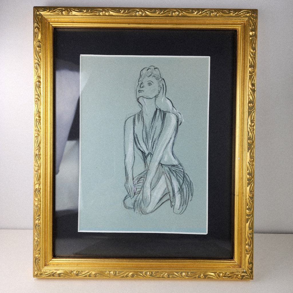 1945 Pair of PinUp Charcoal Pencil Sketches Female Figure Portrait Gold Frame
