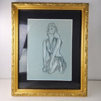 1945 Pair of PinUp Charcoal Pencil Sketches Female Figure Portrait Gold Frame