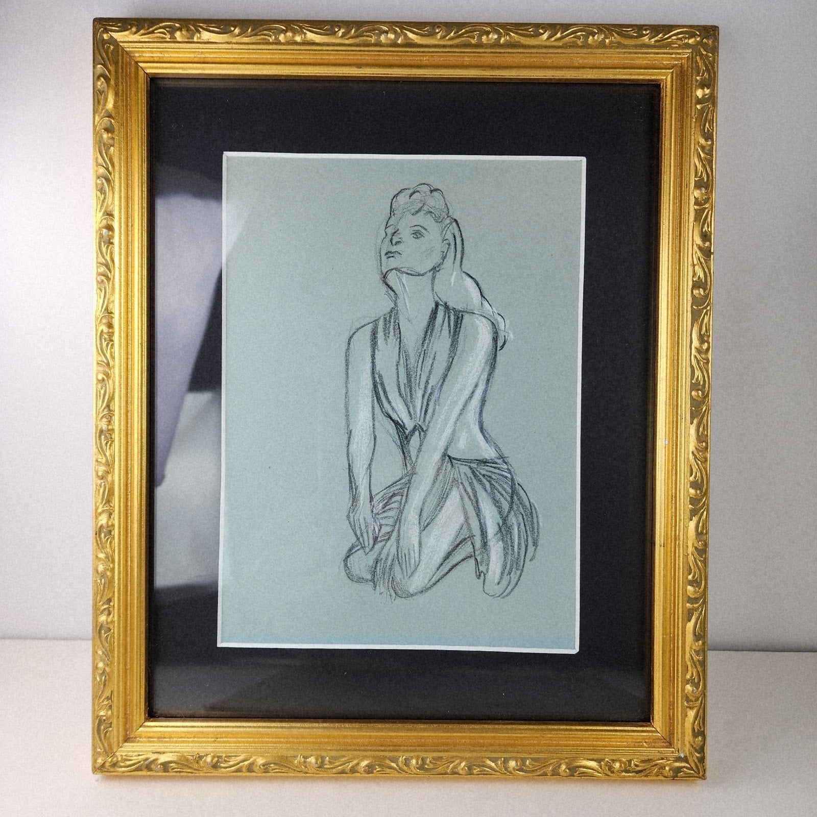1945 Pair of PinUp Charcoal Pencil Sketches Female Figure Portrait Gold Frame