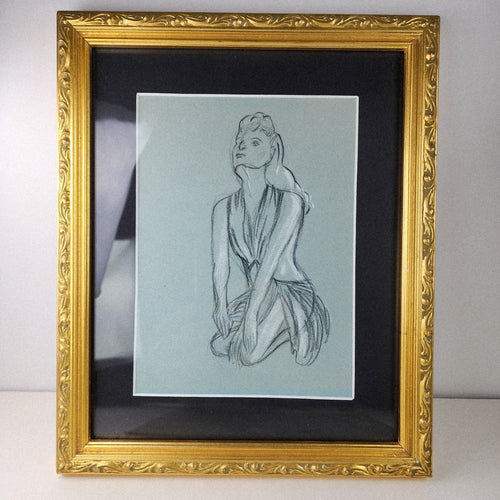 1945 Pair of PinUp Charcoal Pencil Sketches Female Figure Portrait Gold Frame