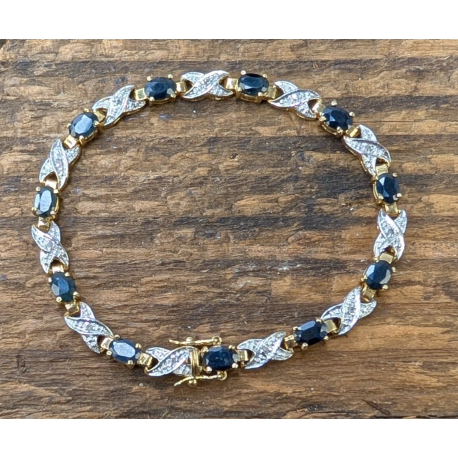 Sapphire & Diamond Gold Over Sterling Silver 925 Tennis Bracelet 7 1/4"