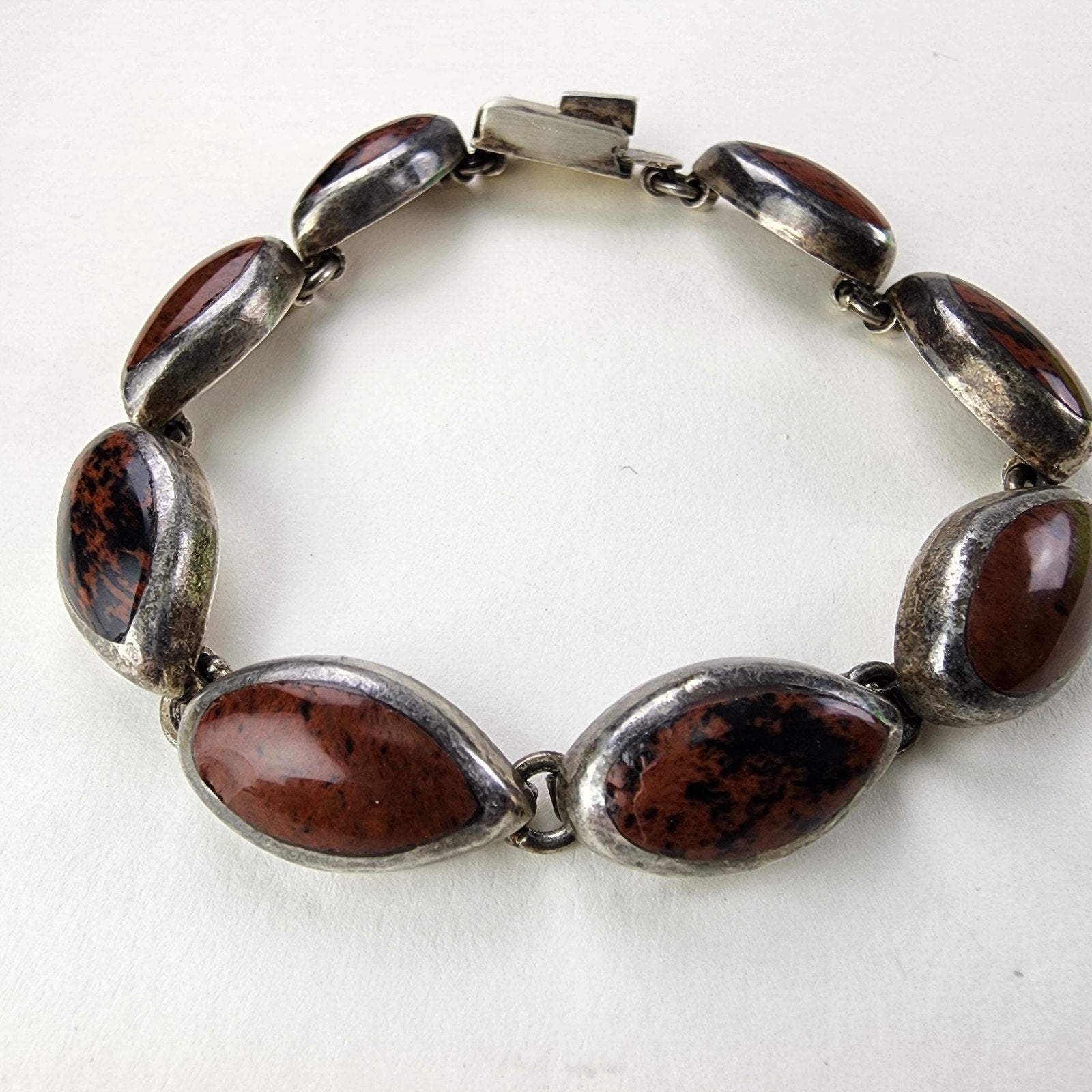 7 1/2" Mahogany Obsidian Inlay Taxco Bracelet Sterling Silver 950