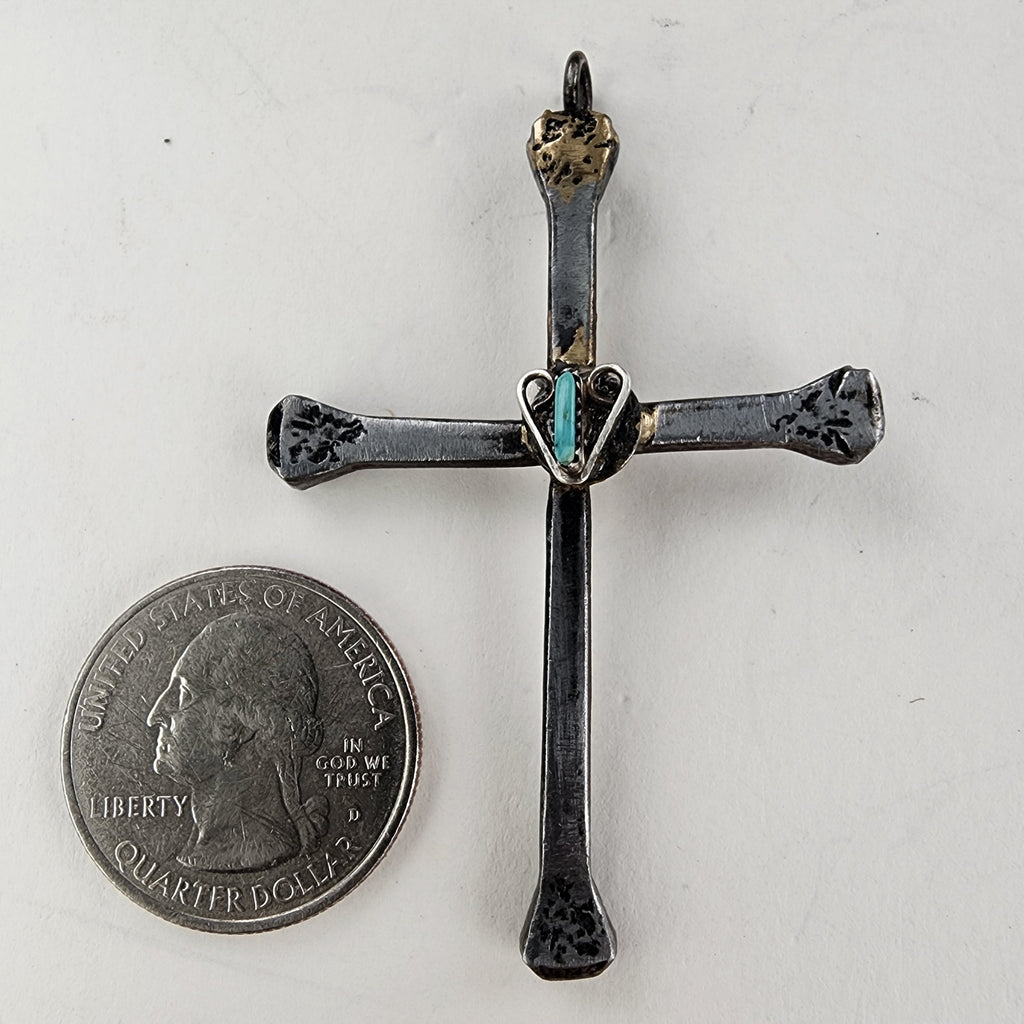 Native Horseshoe Nail Turquoise Cross Sterling Silver 925 & Steel Pendant