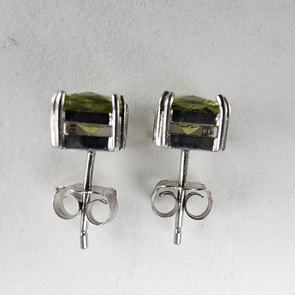 Cushion Cut Peridot Stud Earrings Pair Sterling Silver 925 Vintage