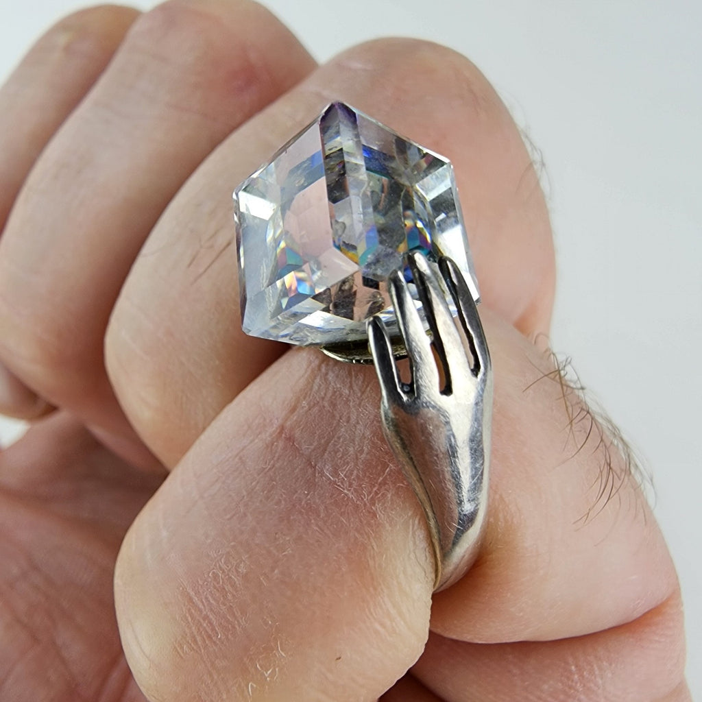 Hands w Iridescent Dichroic Cube Ring Size 7 1/2 Sterling Silver 925 Modernist