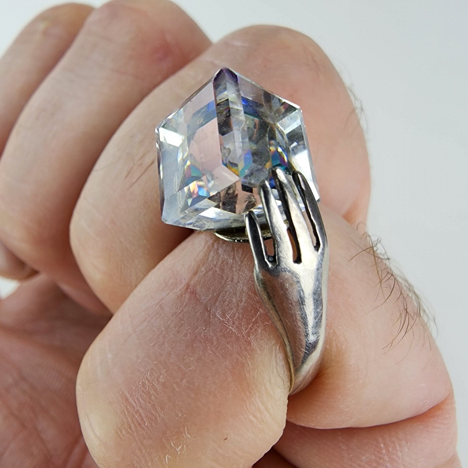 Hands w Iridescent Dichroic Cube Ring Size 7 1/2 Sterling Silver 925 Modernist