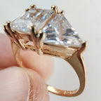Three Stone Trillion & Princess Cut Ring Size 6 w Gold over Sterling Silver 925