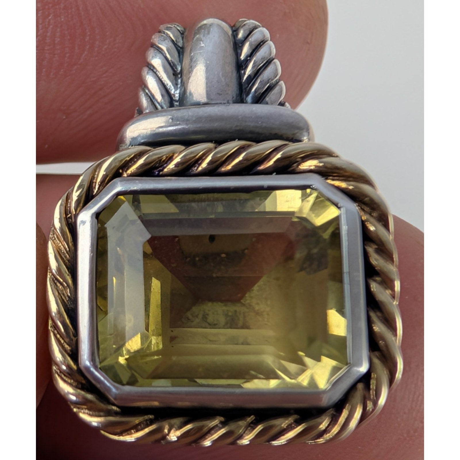 14K Yellow Gold Lemon Quartz Sterling Silver 925 Emerald Cut Vintage 5ct Pendant