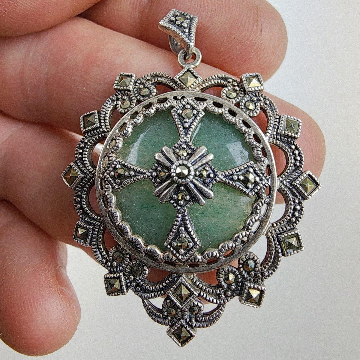 Art Deco Chrysoprase Marcasite Pendant Sterling Silver 925 Gothic