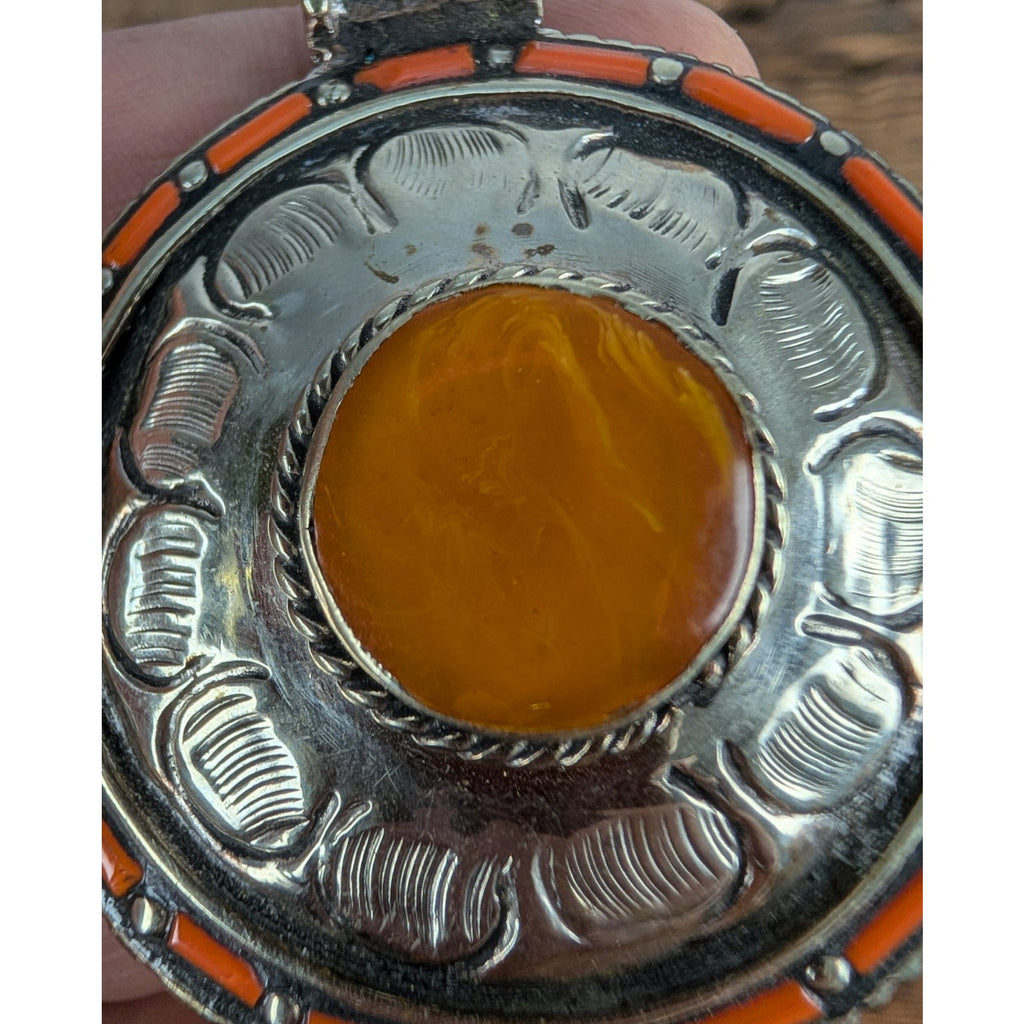 Tibetan Silver Copal Turquoise and Coral Pendant