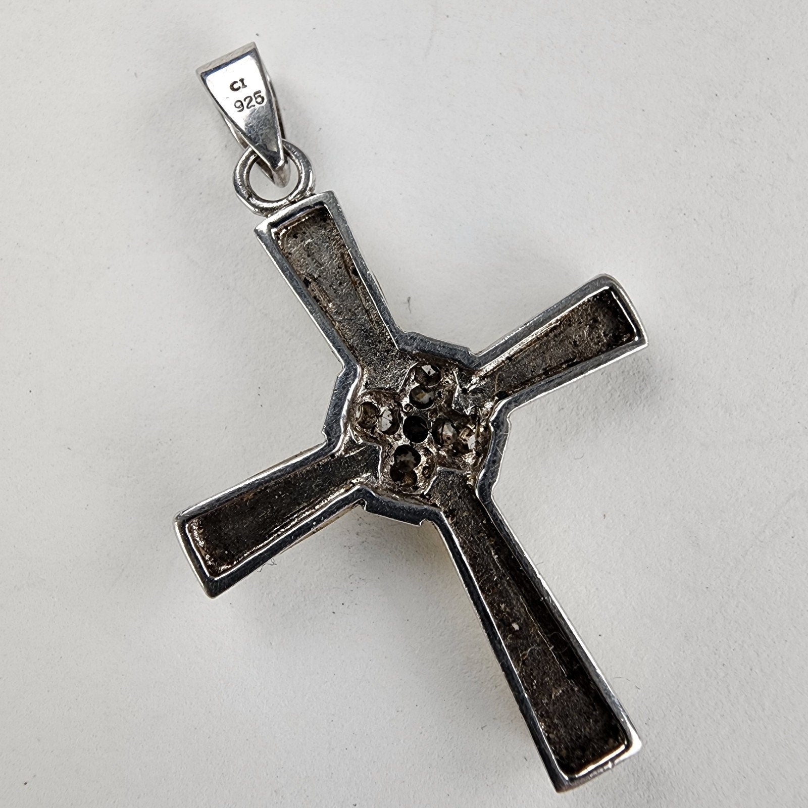 Mother of Pearl & Marcasite Cross Pendant Sterling Silver 925 Vintage
