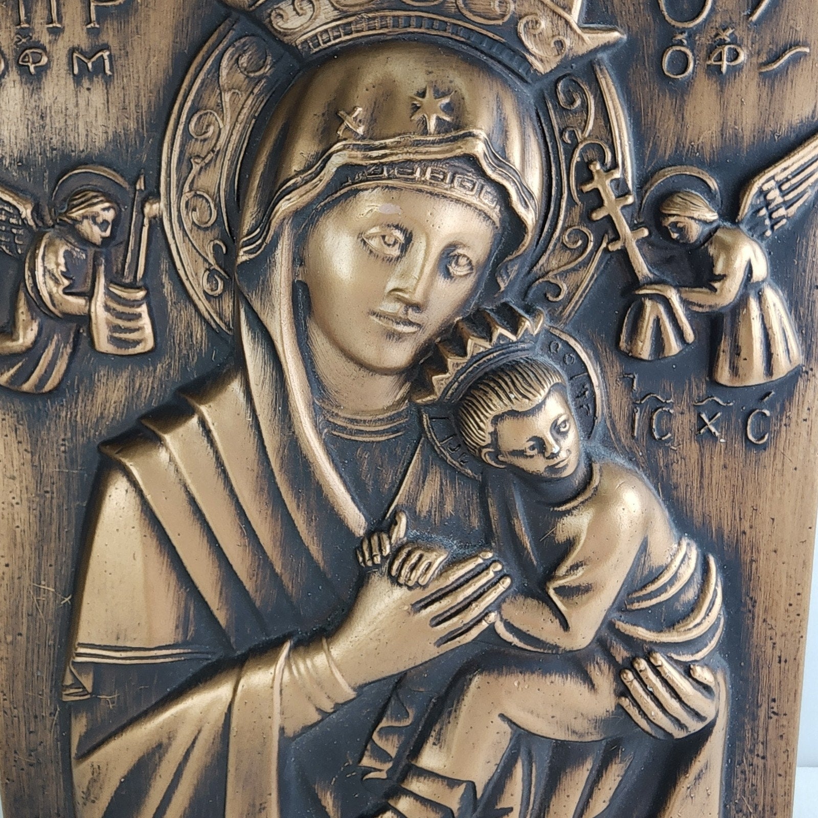 Gold Ceramic Madonna and Child Hodegetria Greek Icon 7" x 9"