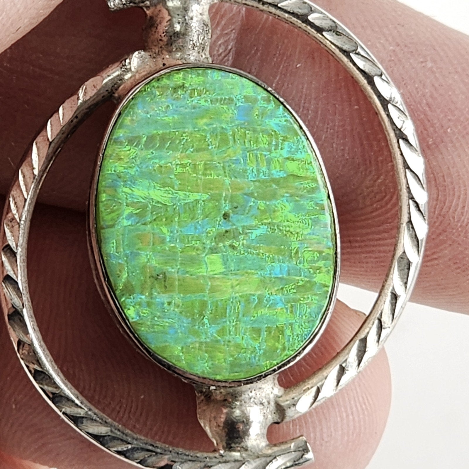 Vintage Green Fire Opal Oval Pendant Sterling Silver 925 Estate