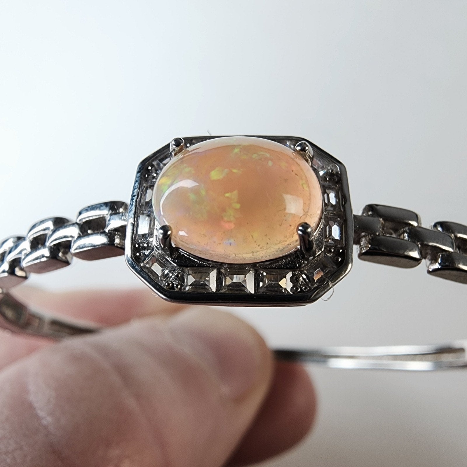 Ethopian Opal Halo Sterling Silver 925 Hinged Designer Bracelet