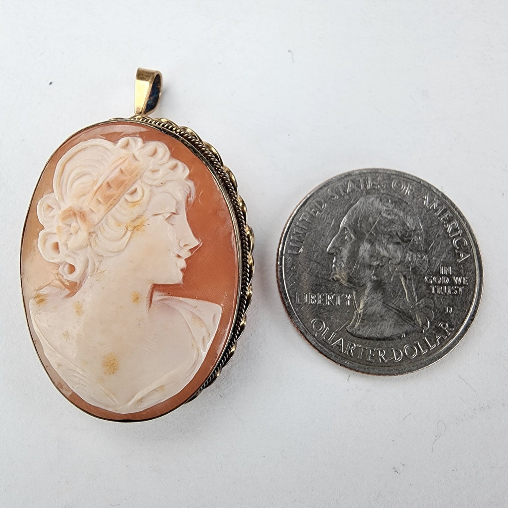 Carved Shell Cameo Pendant Brooch Sterling Silver 925 with Gold Finish